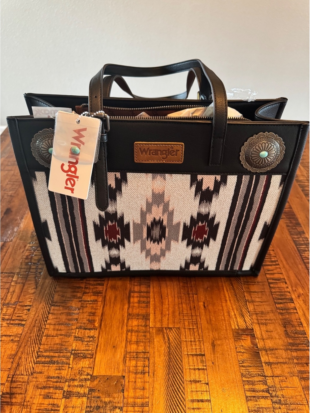 Wrangler Southwestern Patterned Tote Bag with Black Faux Leather Trim